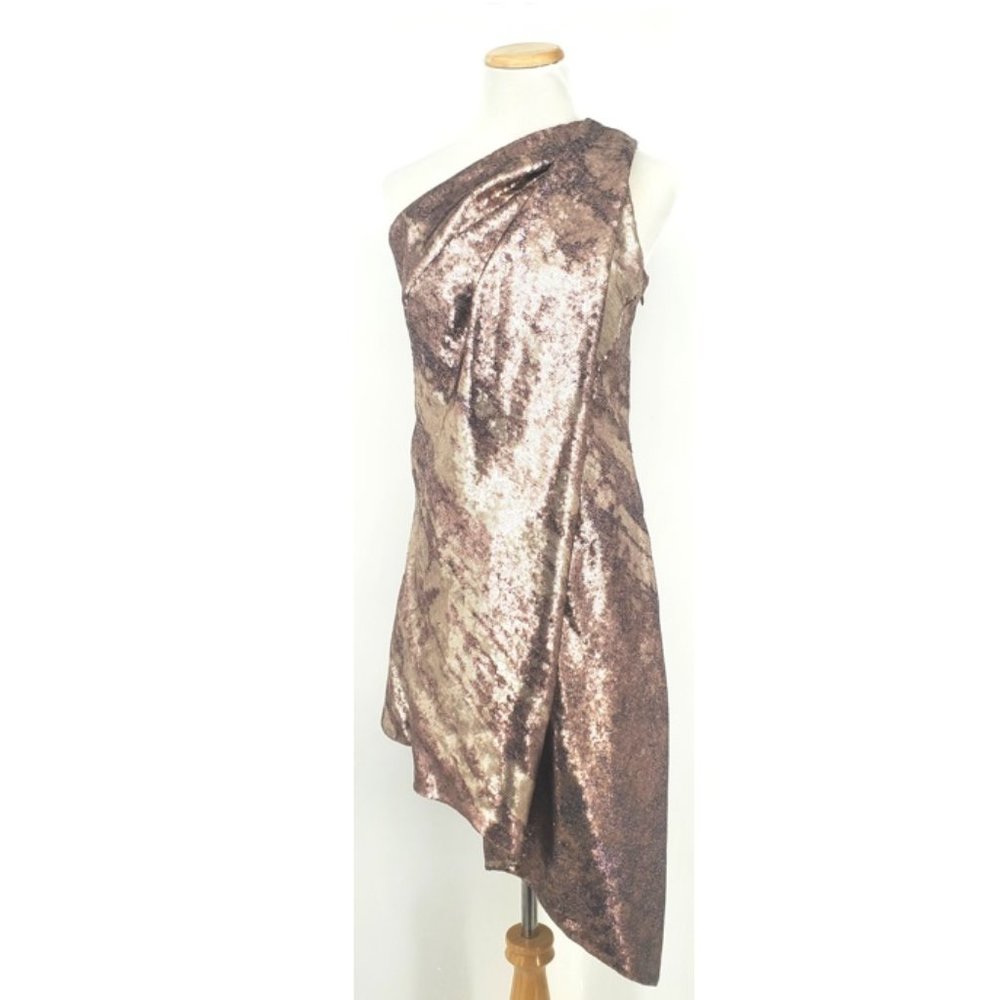 KAUFMANFRANCO Sequin Asymmetric One Shoulder Bronze Sequin Coctail Dress Size 4